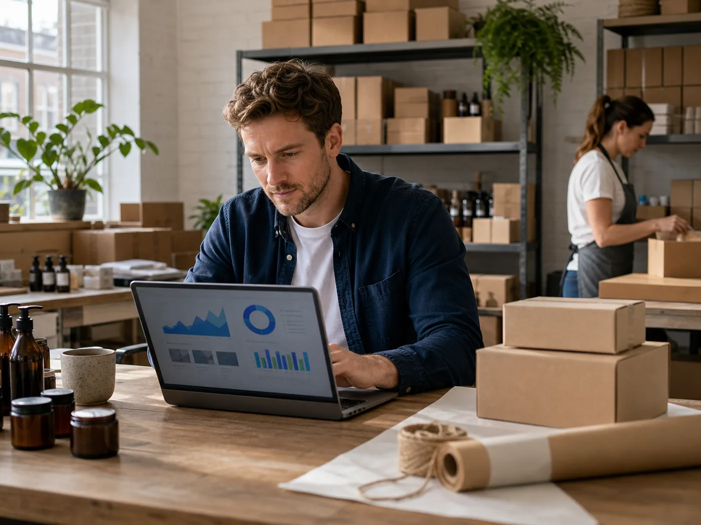 Ecommerce founder reviewing performance in a small fulfilment studio