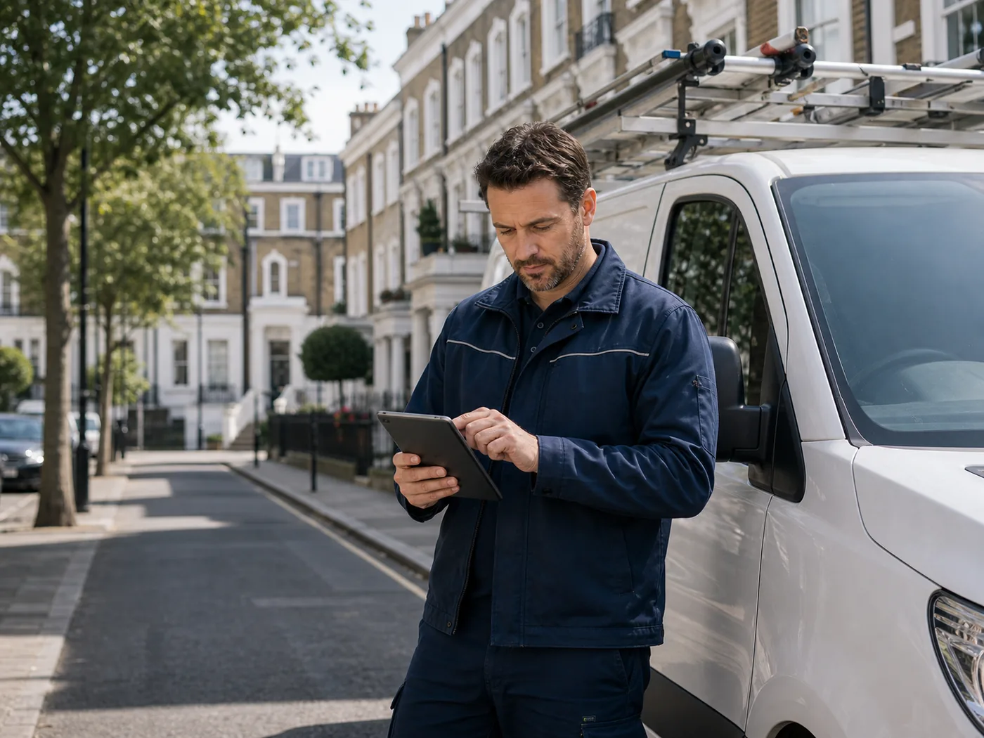 Home-services business owner using a tablet beside a work van