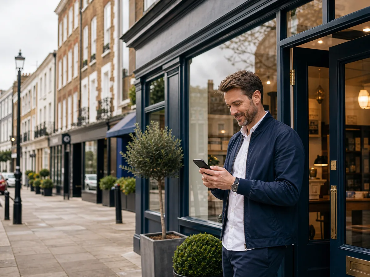Independent London business owner using a phone outside a local shop
