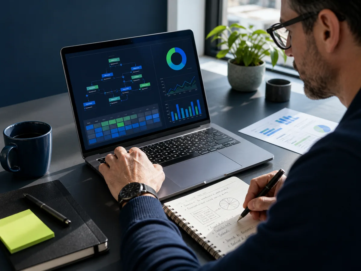 Technical SEO performance and site structure being reviewed on a laptop